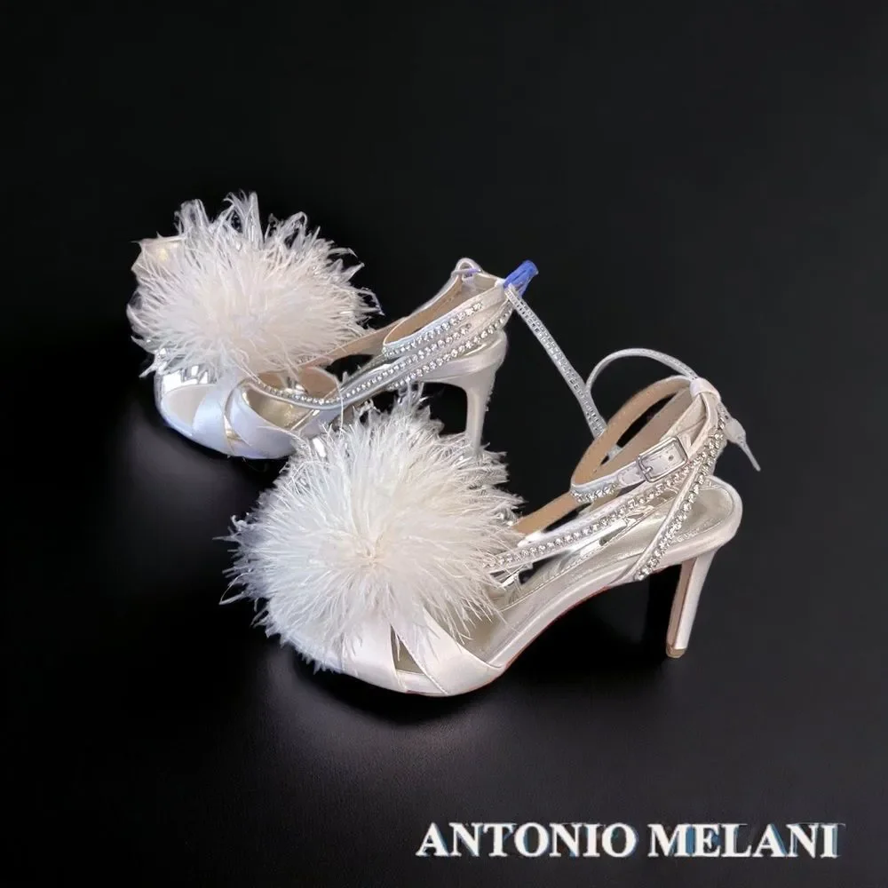 Antonio Melani AURORA Feathered Dress Sandal Rhinestones Ankle Wrap Strap